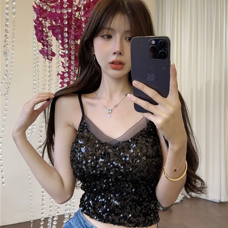 Women Sexy Sequin V-neck Suspender Vest  Backless Slim Tanks and Camis Strap Glitter Crop Top Fashion Camisole Dropship