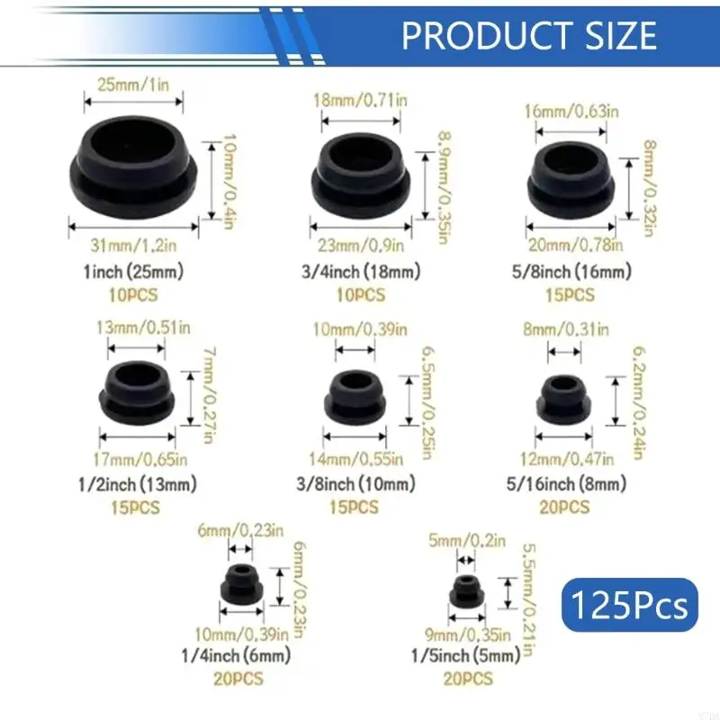 M7DA 125pcs ناعمة مرنة الثقب المطاط المقابس 8 حماية الأثاث الحجم الأختام الحلق
