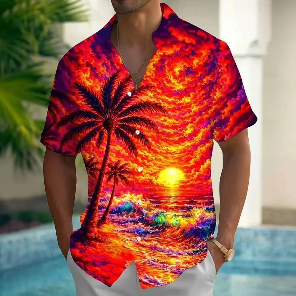 

Men's Coconut Tree Sunset Tropical Hawaiian Shirt Button Up Aloha Short Sleeve 3D Print Turndown Shirt Blue Orange