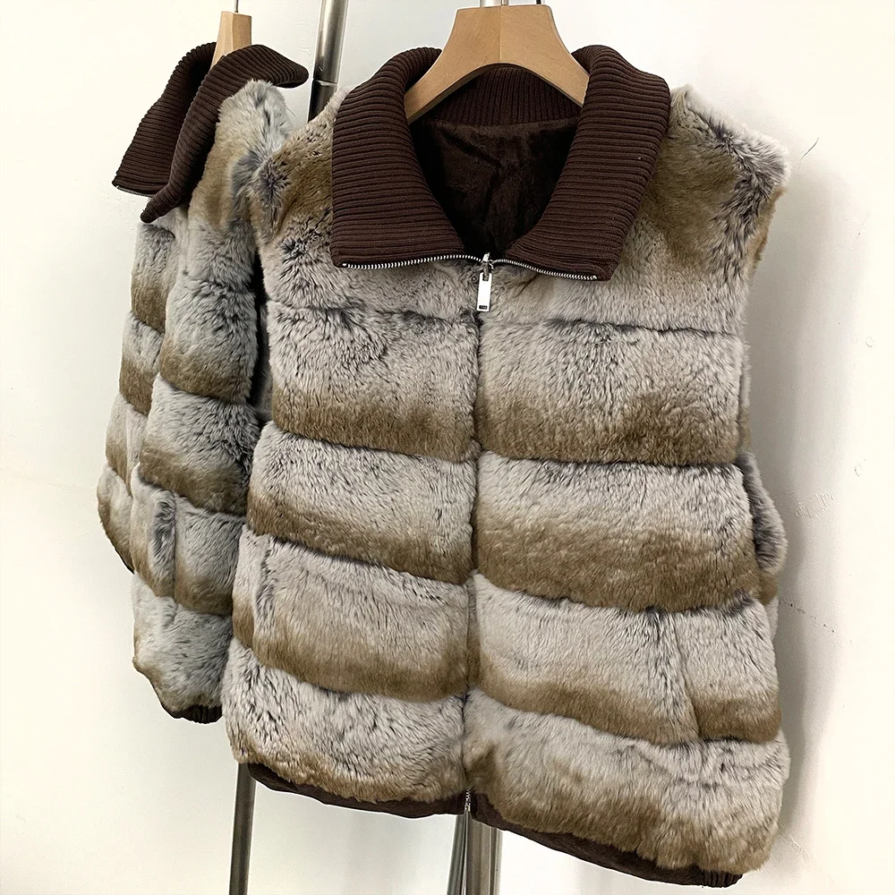 OFTBUY Knit Collar Zip Up Two Sides Wear Fur Waist Coat Women Reversible Real Rabbit Fur Vest New Winter Fur Clothing Female