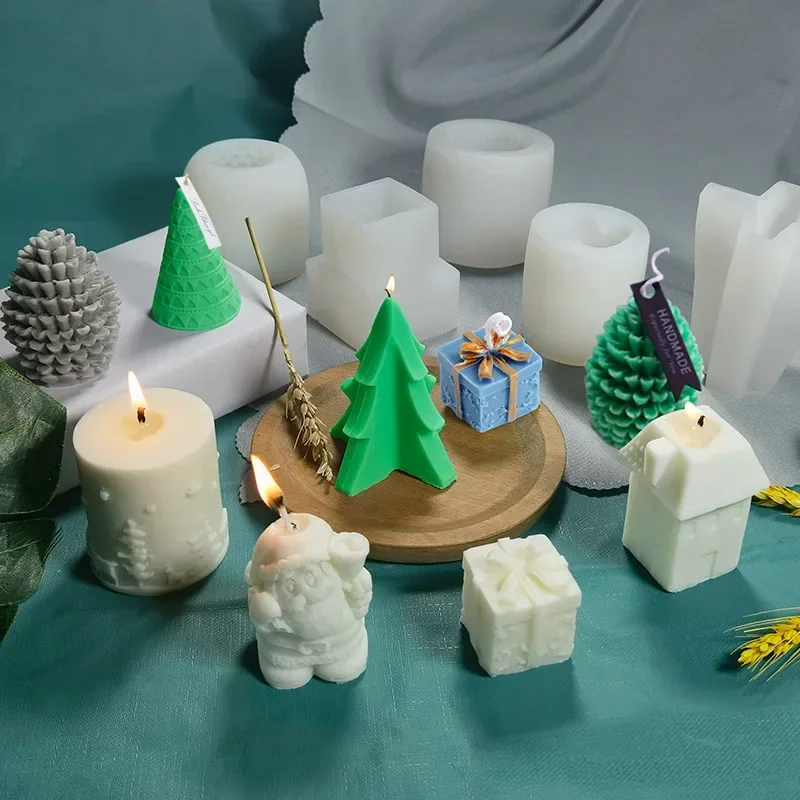 Zackoo Christmas Santa Claus Candle Silicone Mold Cylindrical Tree Gift Snow House Scented Candle Gypsum Diffuser Stone Molds