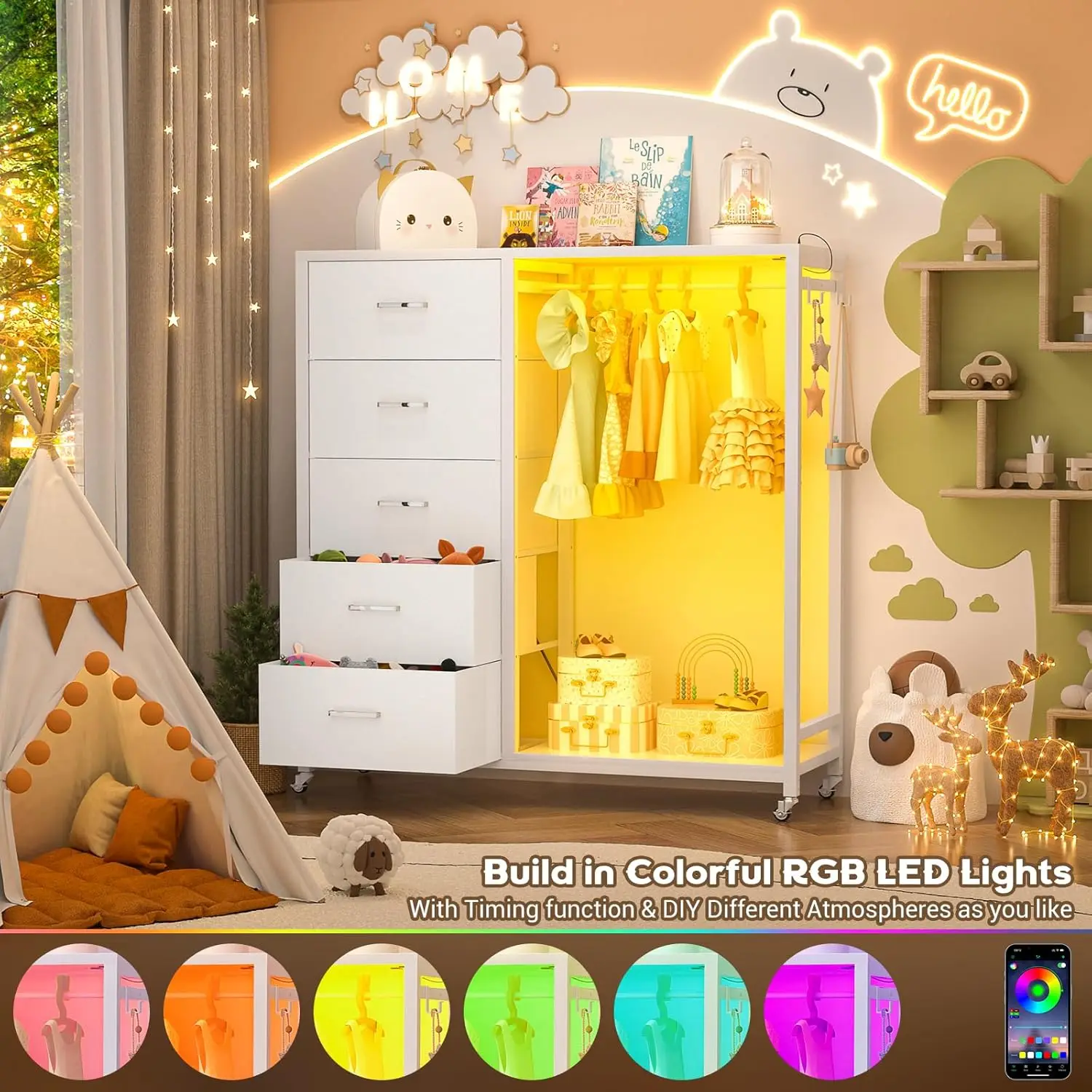 خزانة مع رف معلق، خزانة ذات 5 أدراج قماشية مع رف ملابس، خزانة تخزين خشبية علوية ذات أدراج مع محطة شحن #3