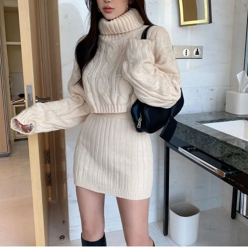 

Spring Autumn Vintage Fashion High Neck Fried Dough Twists Knitting Sweater Women's High Waist Bag Hip Skirt Two-piece Set