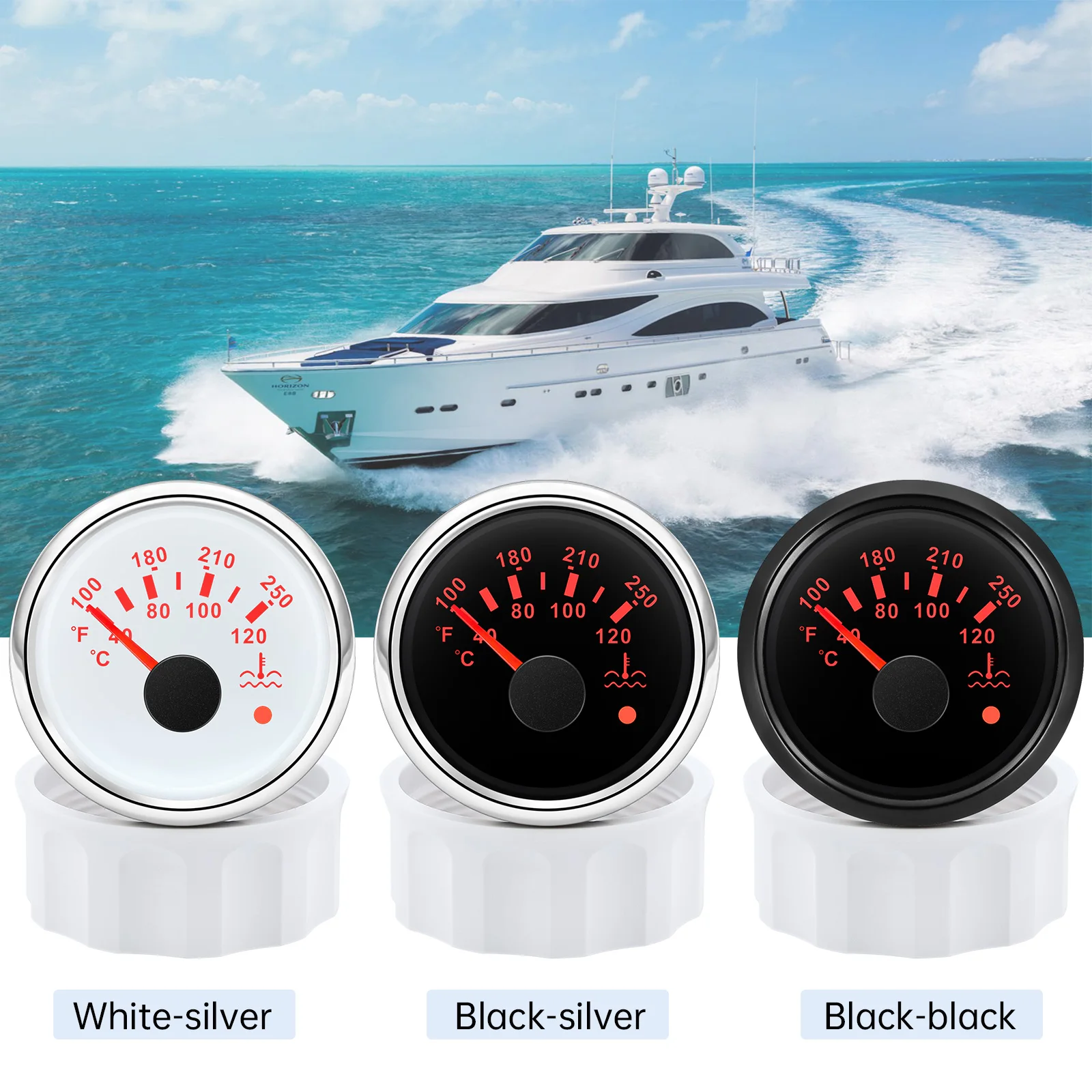 40~120 ℃ ,100~250 ℉   Medidor de temperatura del agua LED de 7 colores 52 mm Medidor de temperatura del agua con alarma intermitente para motor de barco de automóvil 12 V 24 V