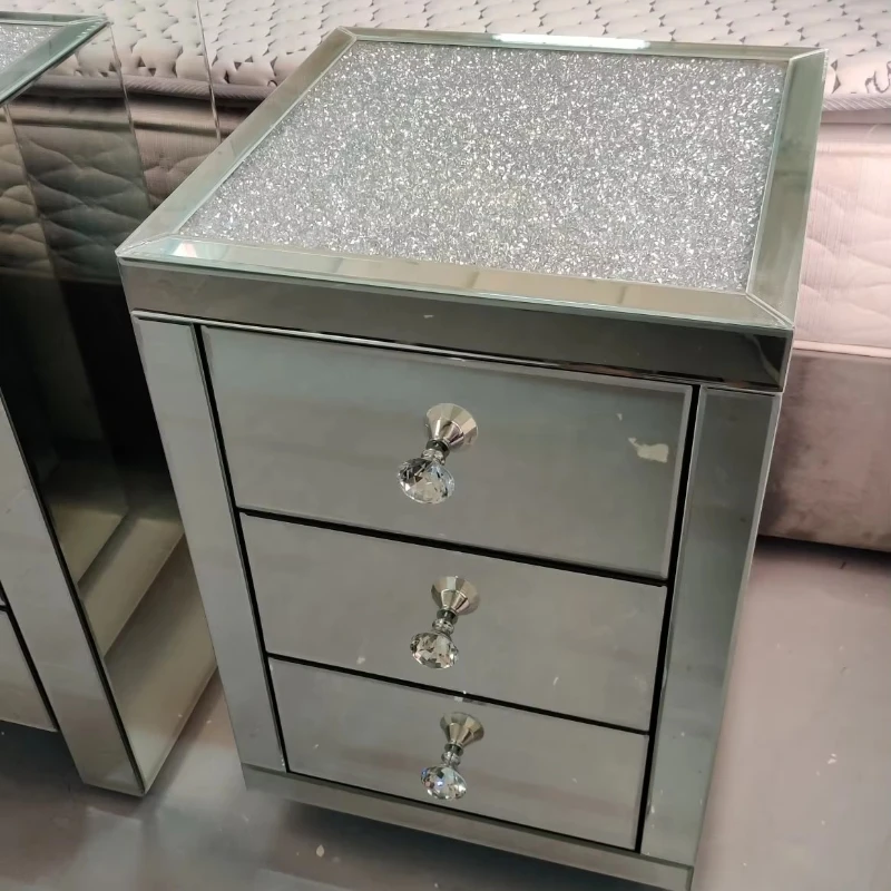 

Bedroom simple tall mirror bedside table lamp stand with 3 drawers glass finish