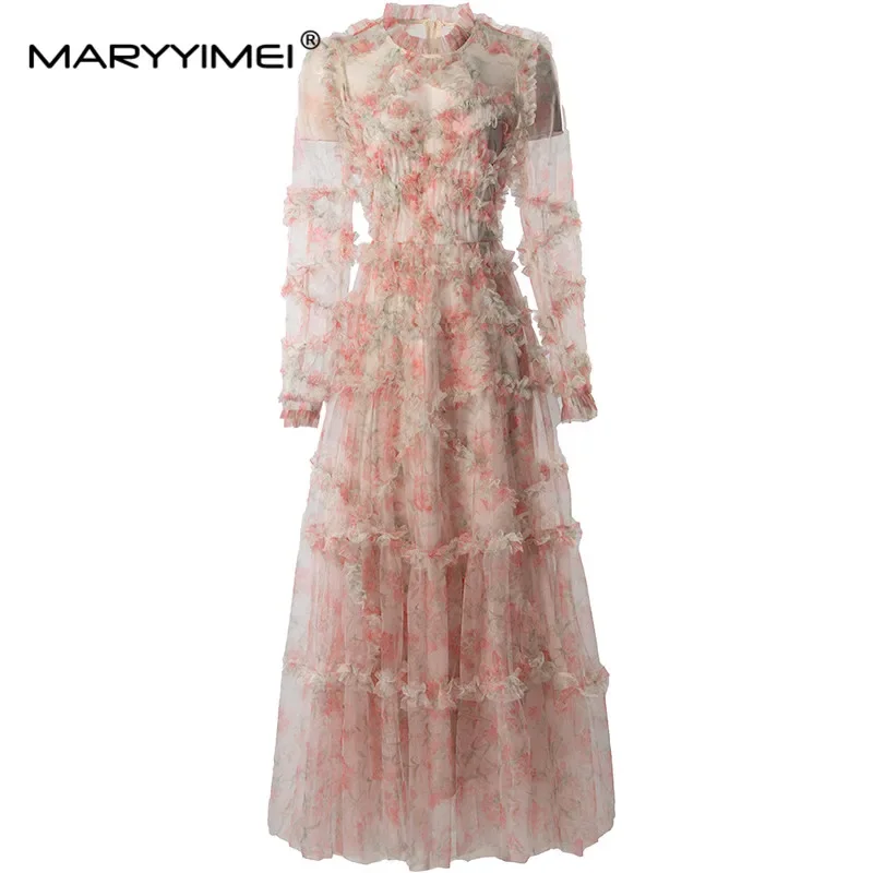 

MARYYIMEI Spring Summer Women's Dress Lantern Sleeved Mesh Splicing Edible Tree Fungus Edge Print Ball Gown S-4XL Dresses