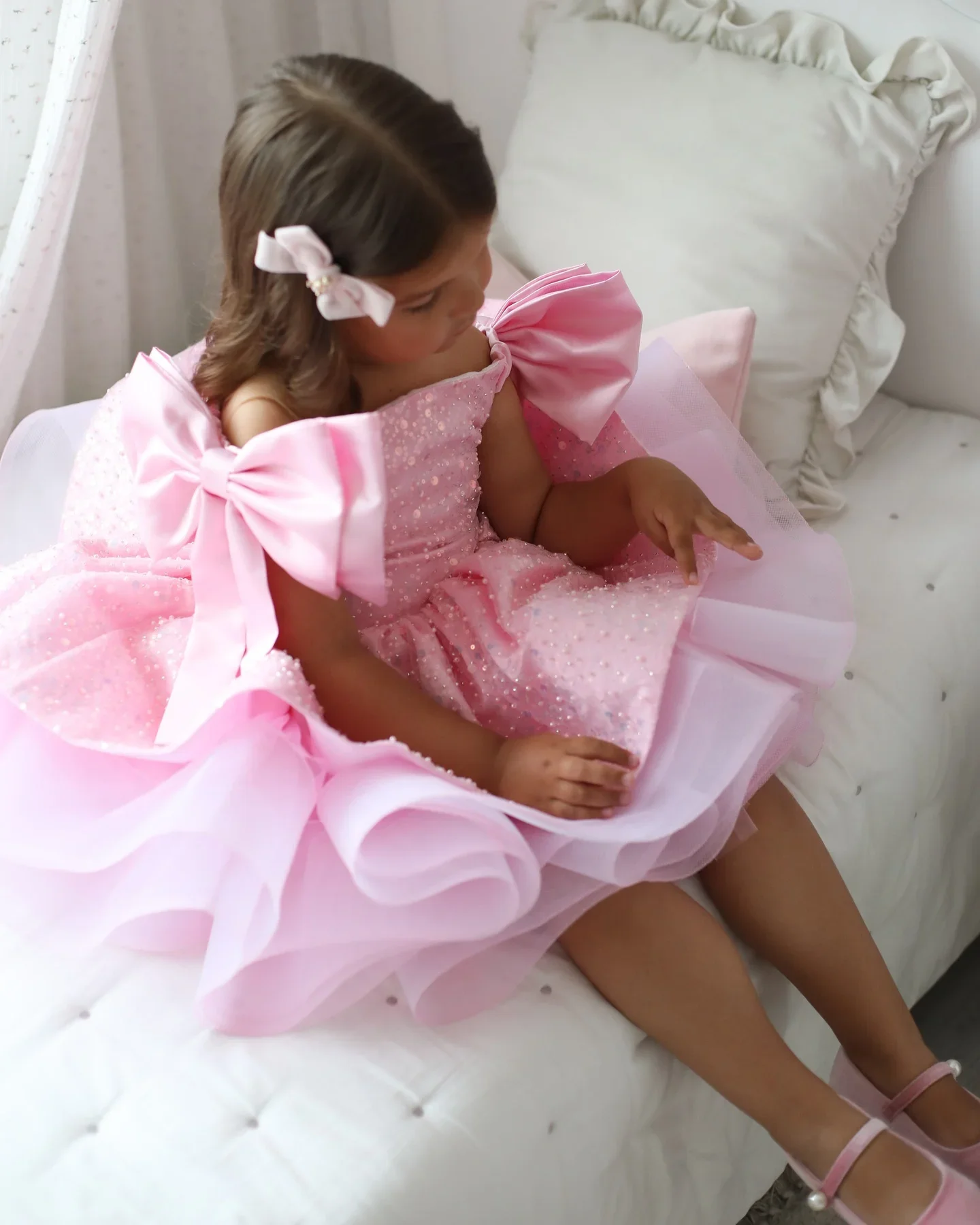 Precioso vestido rosa personalizado de flores para niña, para boda, cuentas de lentejuelas con lazo, fiesta de cumpleaños para niños, vestidos de baile de primera comunión