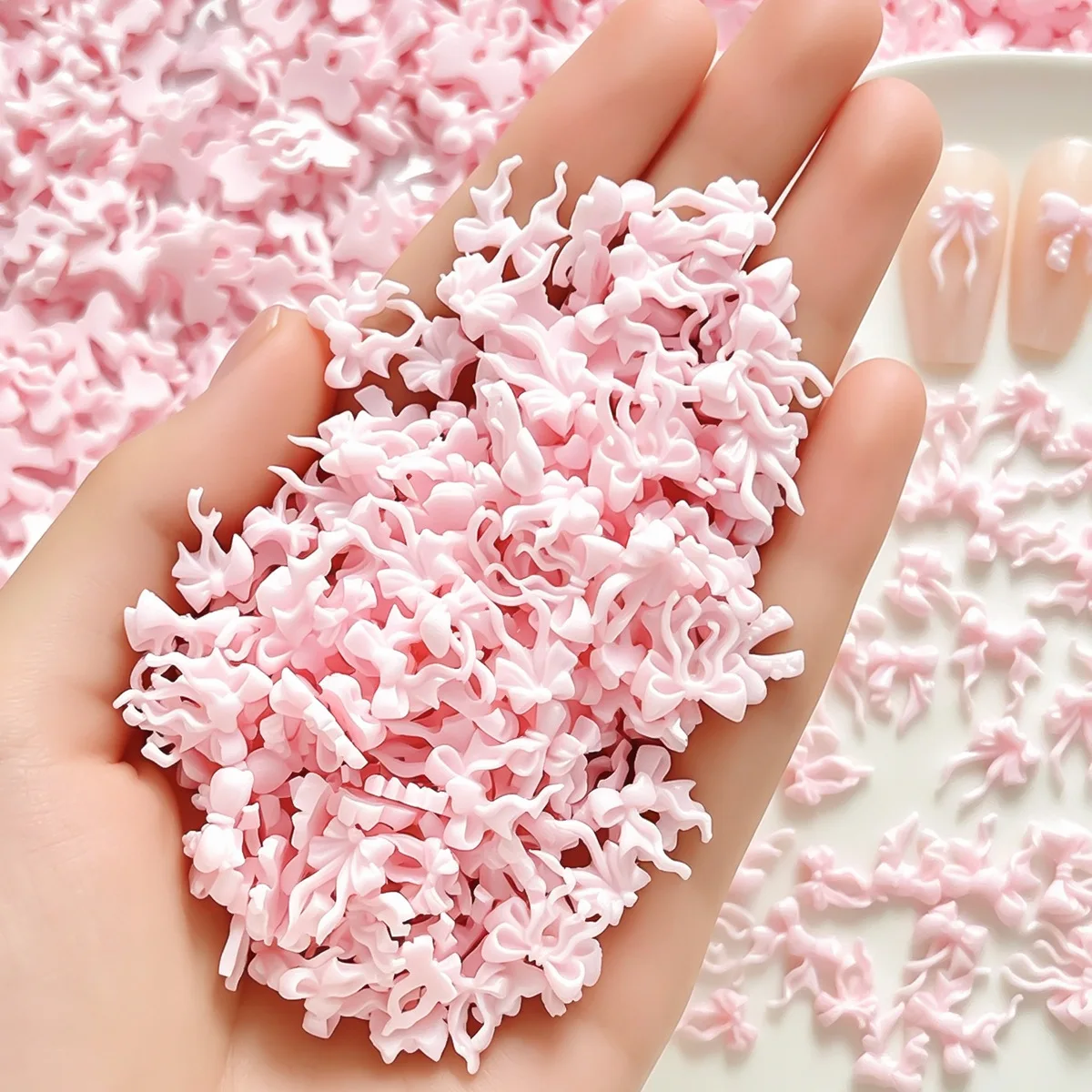 100pcs Mix Pink Ribbon Parts Nail Art Decoration Kawaii 3D Butterfly Bow Resin Manicure Charm Rhinestones DIY Nails Tips Figures