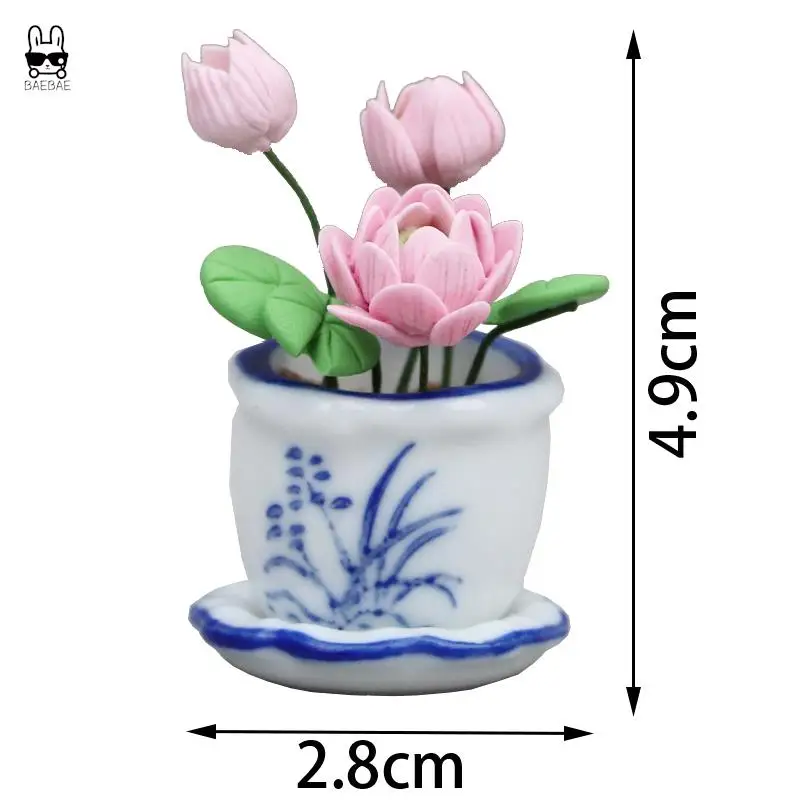 1:12 Mini Pot keramik Pink Lotus DIY buatan tangan rumah boneka Pot kecil tanaman Pot bunga kecil rumah boneka miniatur dekorasi