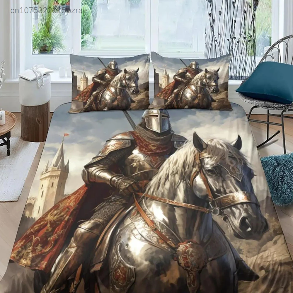 Medieval Duvet Cover Set, Medieval Knight Holding An Aged Old Shield Historical Theme Digital Print Bedding Set