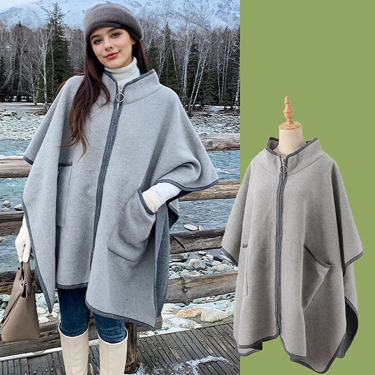 Sciarpa da donna con poncho in finto cashmere di fascia alta Mantello da donna Autunno Inverno Nuovo stile Mantello versatile ed elegante con risvolto con cerniera