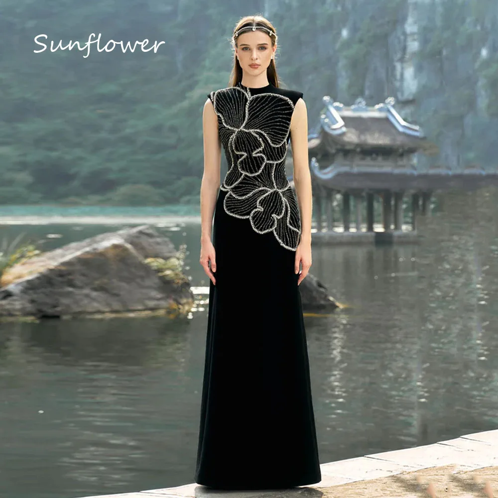 

Sunflower Black Beading O-Neck Mermaid Formal Evening Dress Saudi Arabia 2024 Slim Crepe Sleeveless Floor-Length Prom Dress