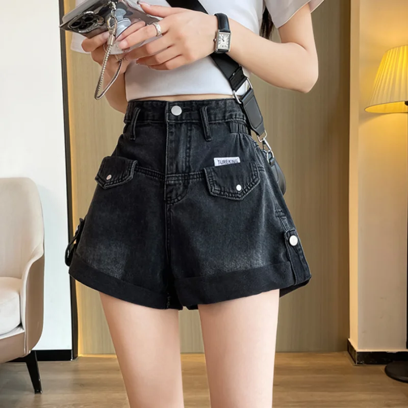 Women\'s Cycling Shorts Retro Pull-edge Denim Korean Version Summer Fashion High Waist Slimming Design Wide-leg A-line Pants Ins