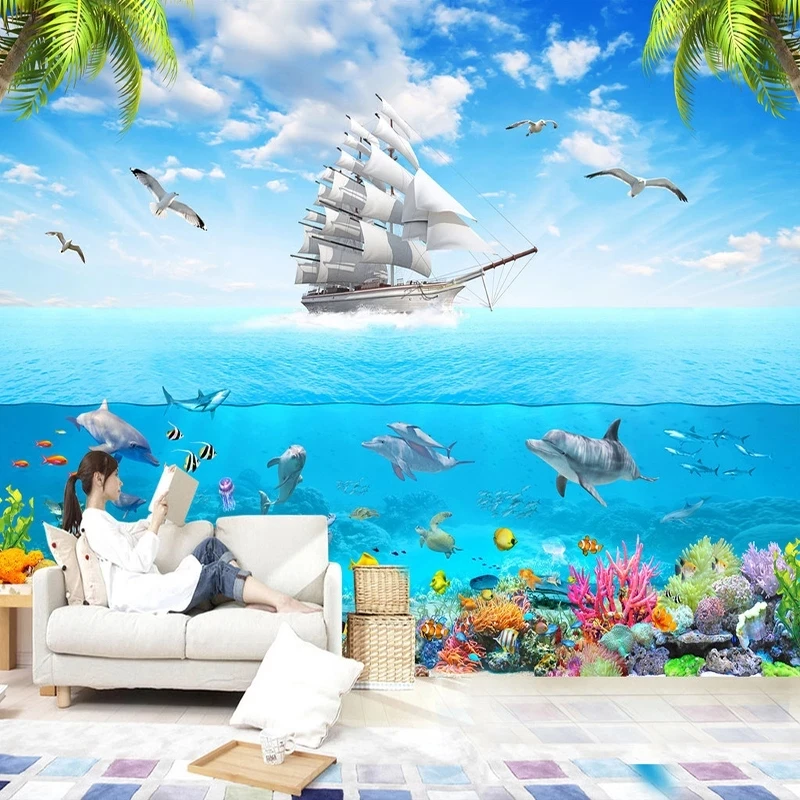 Custom Wallpaper Sailing Dolphin 3D Underwater World Cartoon Children Bedroom Mural sea Fish Living room background restaurant
