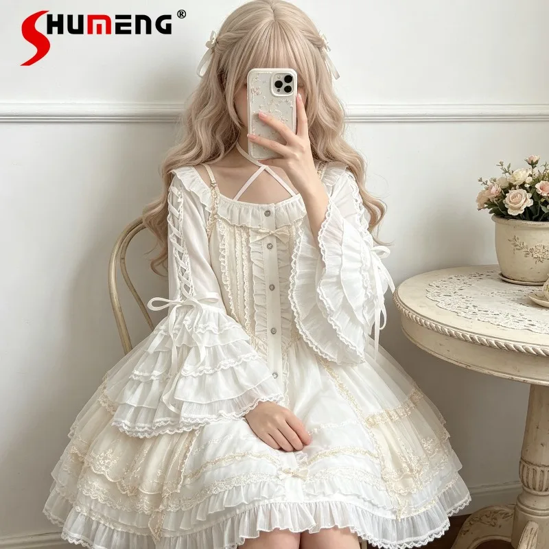 

Japanese Sweet Style Rojita Inner Shirt Off Shoulder Bandage Design Gorgeous Sleeves Seven Quarter Sleeves Casual Blouse Ladies