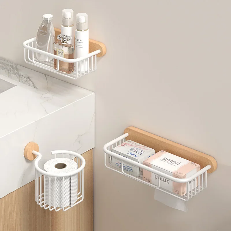 Wooden Paper Towel Holder Bathroom Japanese Paper Basket Washcloth Shelf Paper Roll Holder Cosmetic Organizer Drain Mesh Basket