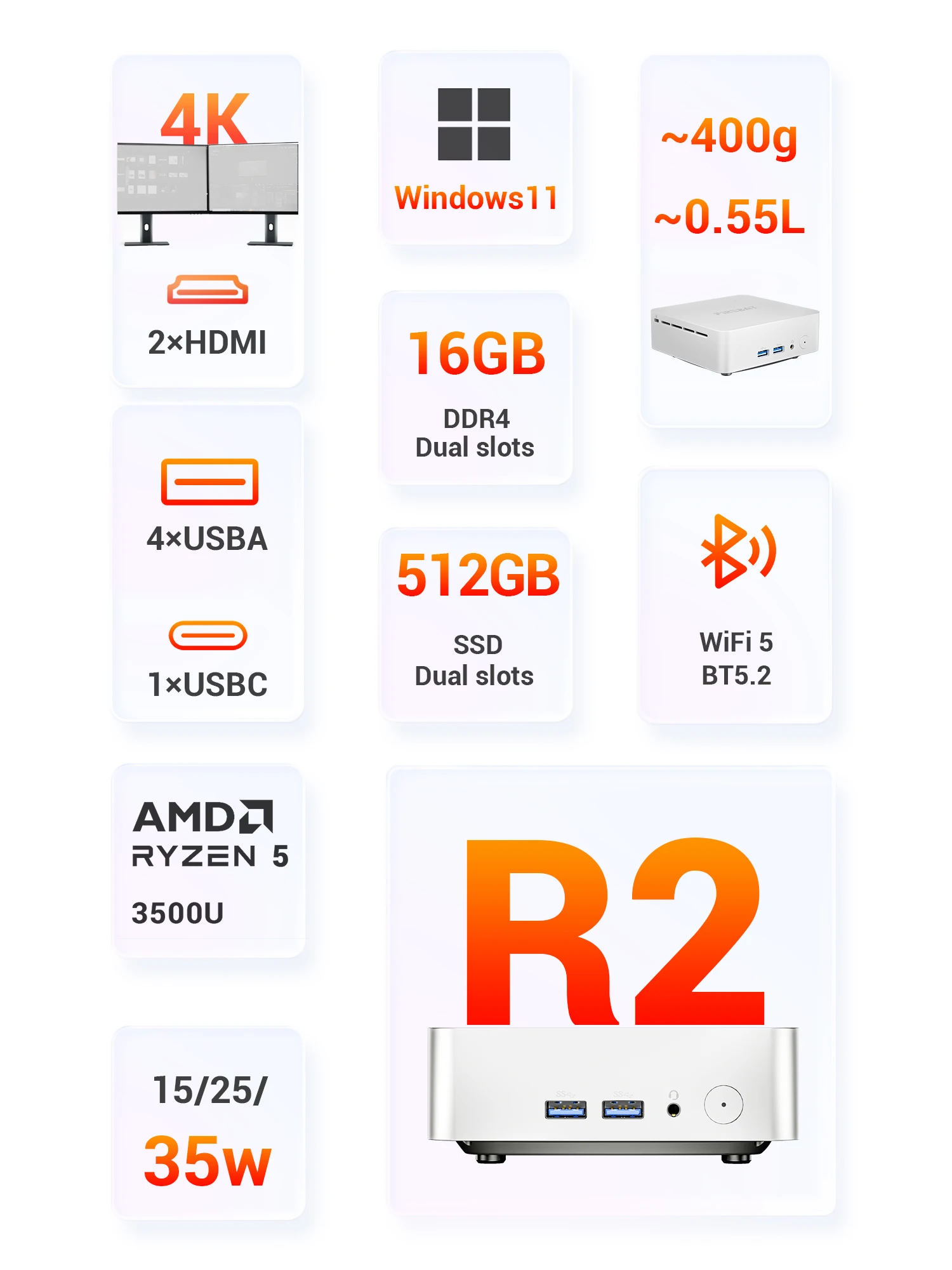 FIREBAT R2 미니 PC AMD Ryzen 5 3500U (N150/N97보다 빠름) 16GB RAM 512GB SSD 데스크탑 미니 컴퓨터 WIFI5 BT5.2 듀얼 4k 디스플레이 썸네일 2