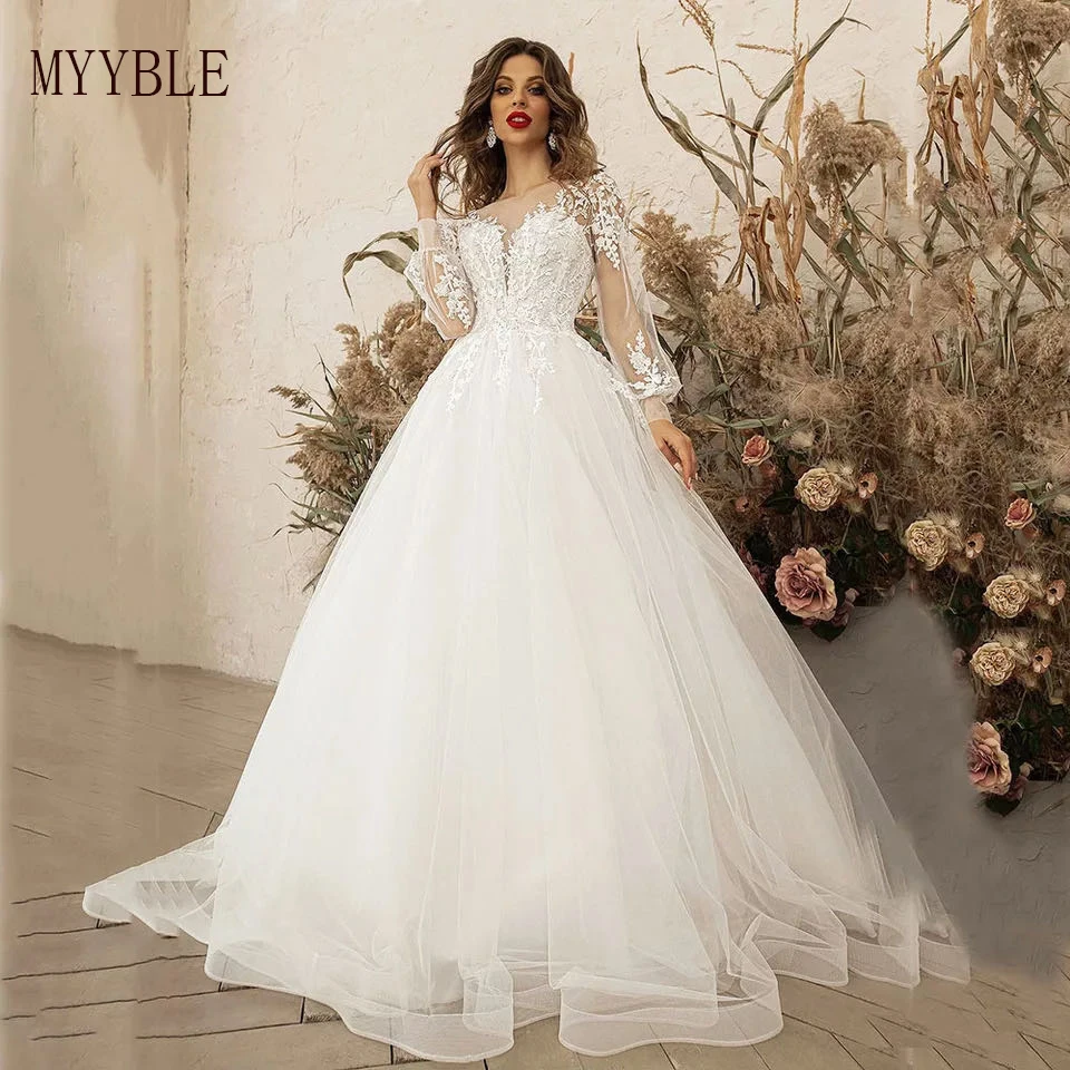 Moda Avorio Abito da sposa personalizzato Manica lunga Abiti da sposa Appliques Abiti da sposa bianchi da donna Robe De Mariée Princess