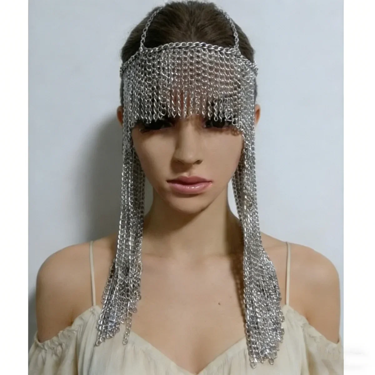 Trendy Round Dome Hanging Beard Tassel Chain Mask Head Chain Jewelry Punk Style Metal Head Hood Head Chains Jewelry