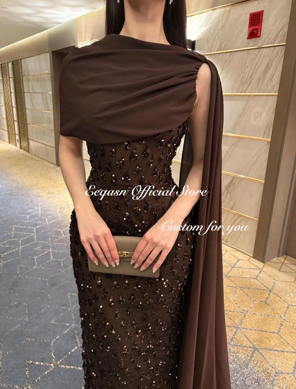 Eeqasn Brown Party Dresses Prom Dress robes de soirée Navy Blue Sequin Mermaid Cape Maxi Gown for Formal Evening Customized image 3