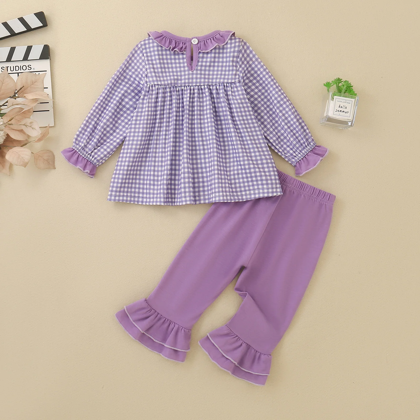 Toddler Girl Purple Gingham Outfit Bow Embroidery Ruffle Long Sleeve Top Flare Pants 2Pcs Baby Girl Casual Clothes Set