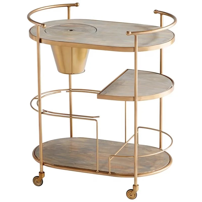 Bar dining car, foreign wine ice bucket, trolley, villa gold wrought iron dining car, solid wood marble food delivery car