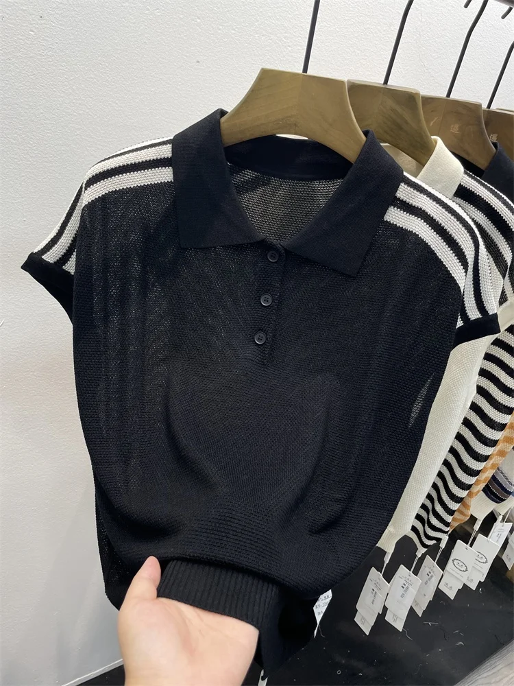 Été nouveau grande taille femmes Ne épissure couleur glace soie ort Sve t-shirt bouton Faionable réduction de l'âge Svel...