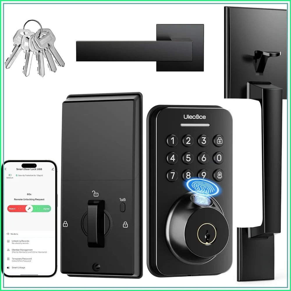 

Keyless Fingerprint Deadbolt with Handle, App Control, Auto Locking, Easy DIY Install, Matte Black