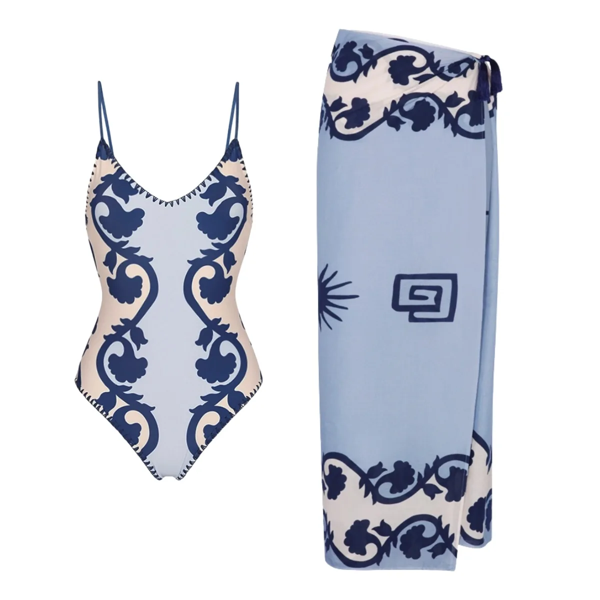 2026 New Women 2‑Piece Vintage Floral V‑Neck One‑Piece Swimsuit Printed Wrap Sarong Skirt Cover‑Up Beach Resort Swimwear Set