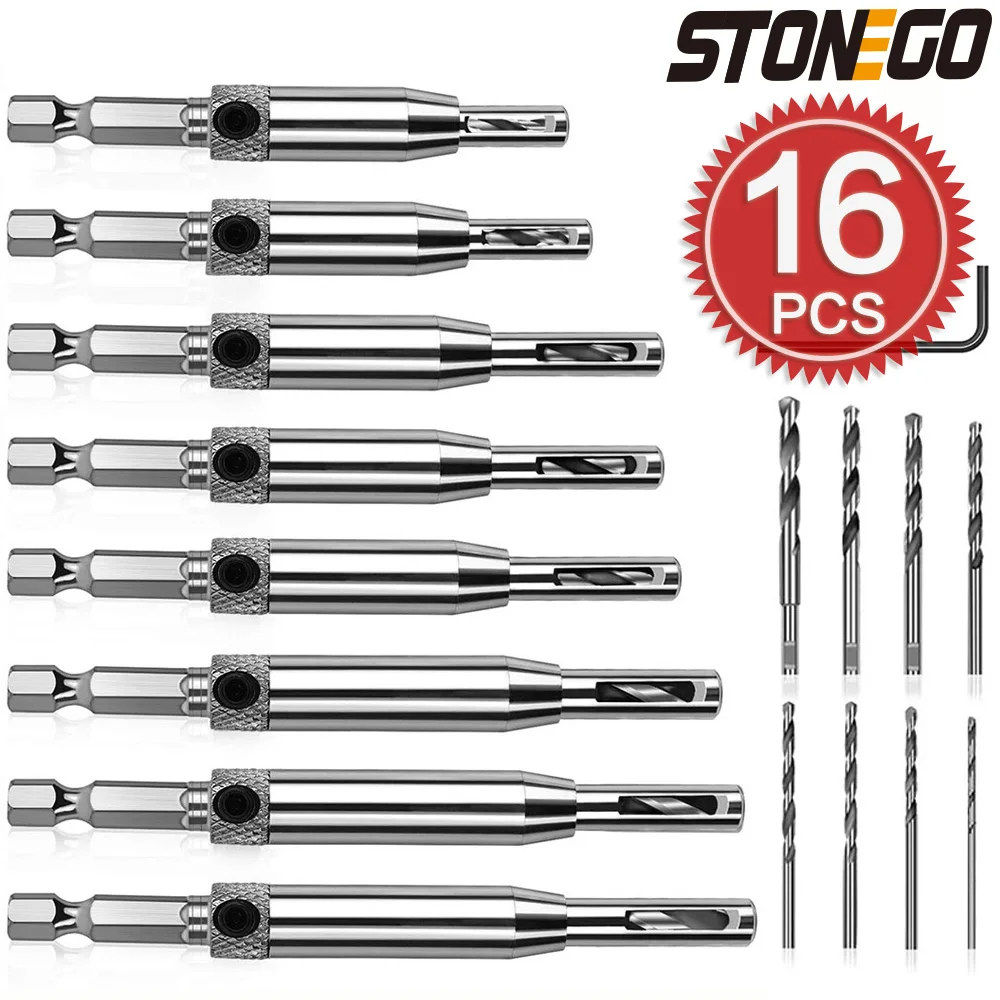 

STONEGO 4/7/16PCS Core Drill Bit Set Hole Puncher Hinge Tapper for Doors Self Centering Woodworking Power Tools