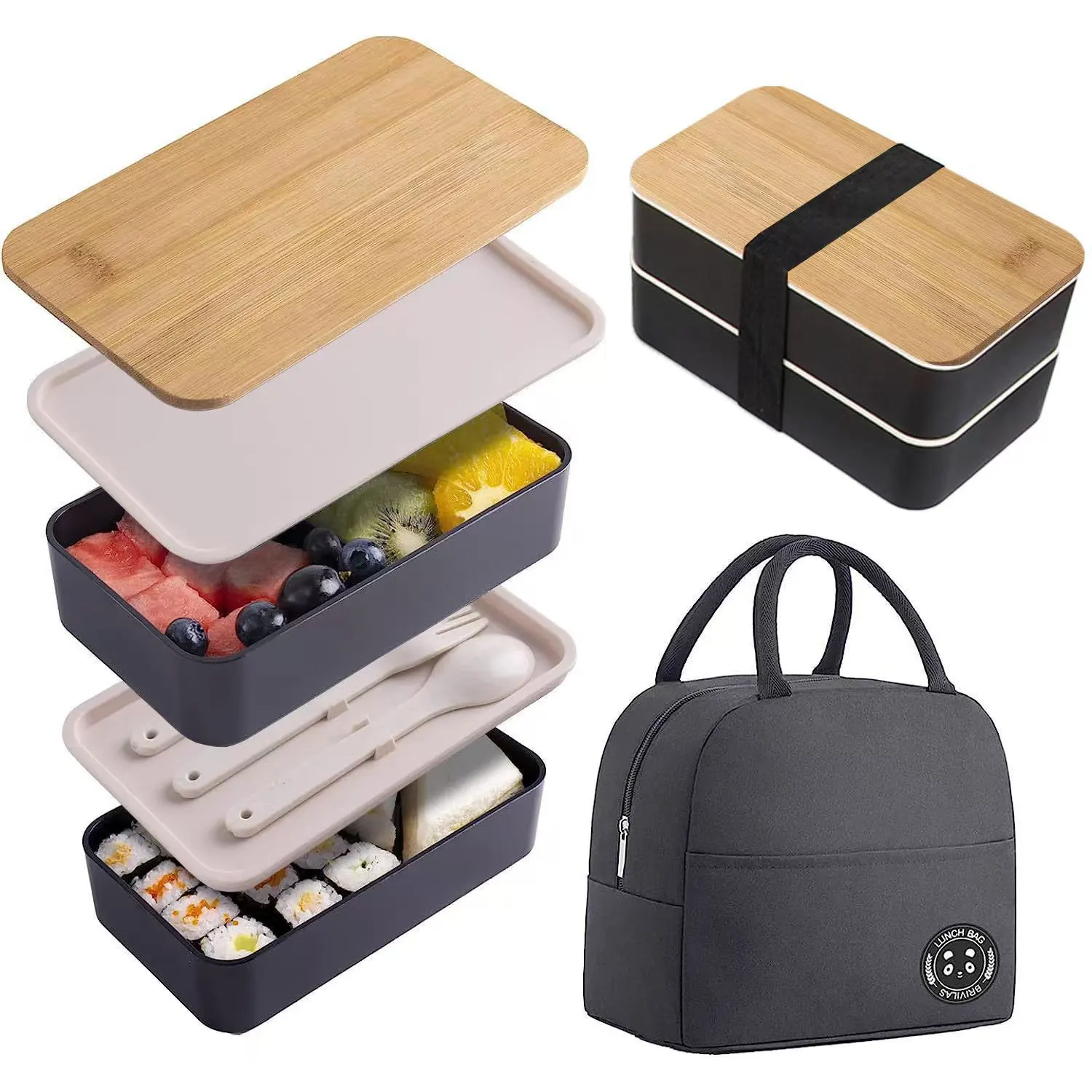 New Japanese Style Bento Box, Minimalist Double-layer Lunch Box with Knife, Fork, Spoon, Divided Student Lunch Box