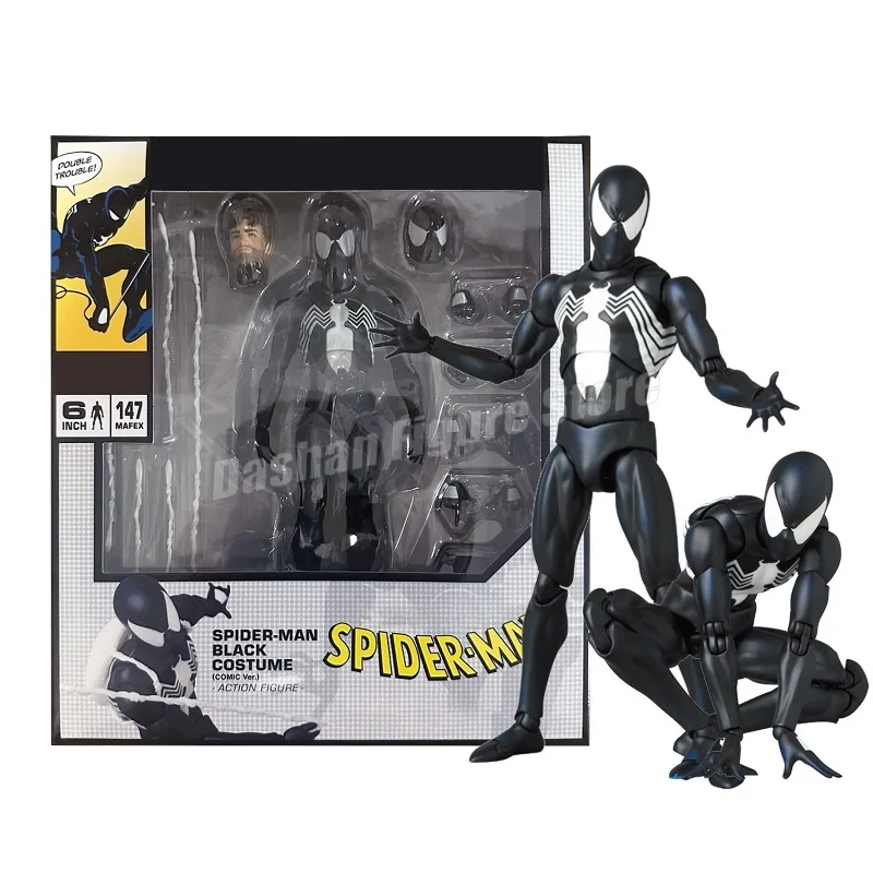 Mafex 147 Black Spider Man Action Figure PVC Collection Decoration Maf Venom Peter Parker Movable Figurine Model Toys for Gifts