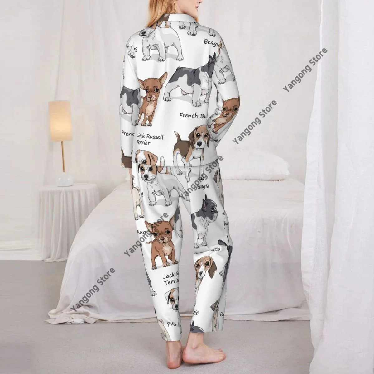 Women Sleepwear Dogs French Bulldog Beagle Jack Russell Terrier Chihuahua Pug Long Sleeve Neck Shirt Waist Pants Pajamas Set