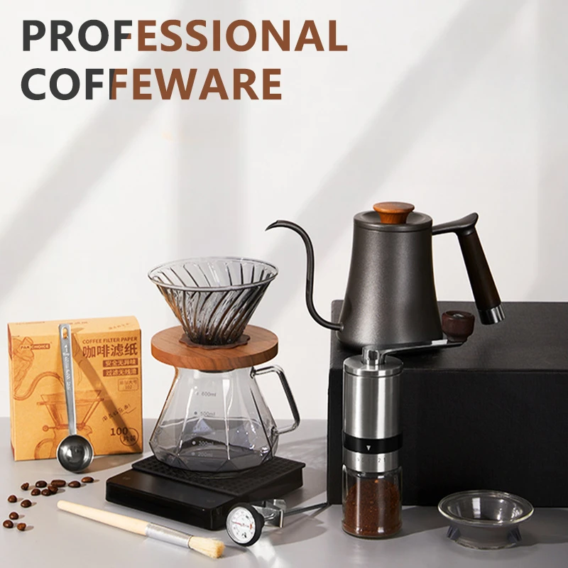 

Coffee Set Coffee Accessories Manual Grinder Mill Glass Pot with Filter Dripper Gooseneck Kettle Specialized BaristaSet