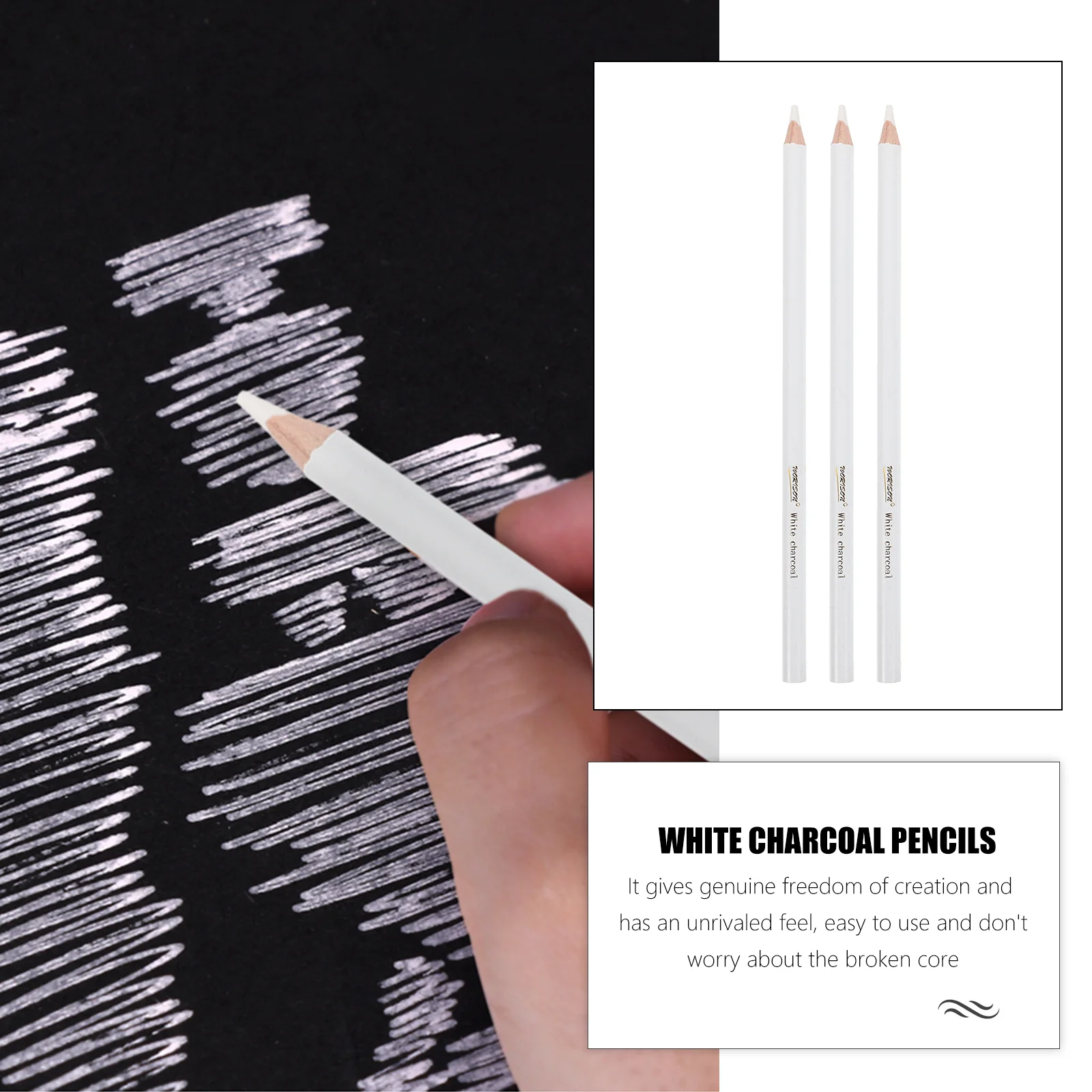 3 White Charcoal Pencils Highlight Sketching Drawing Tools Smooth Color Professional Supplies Unbreakable Core Dark Paper