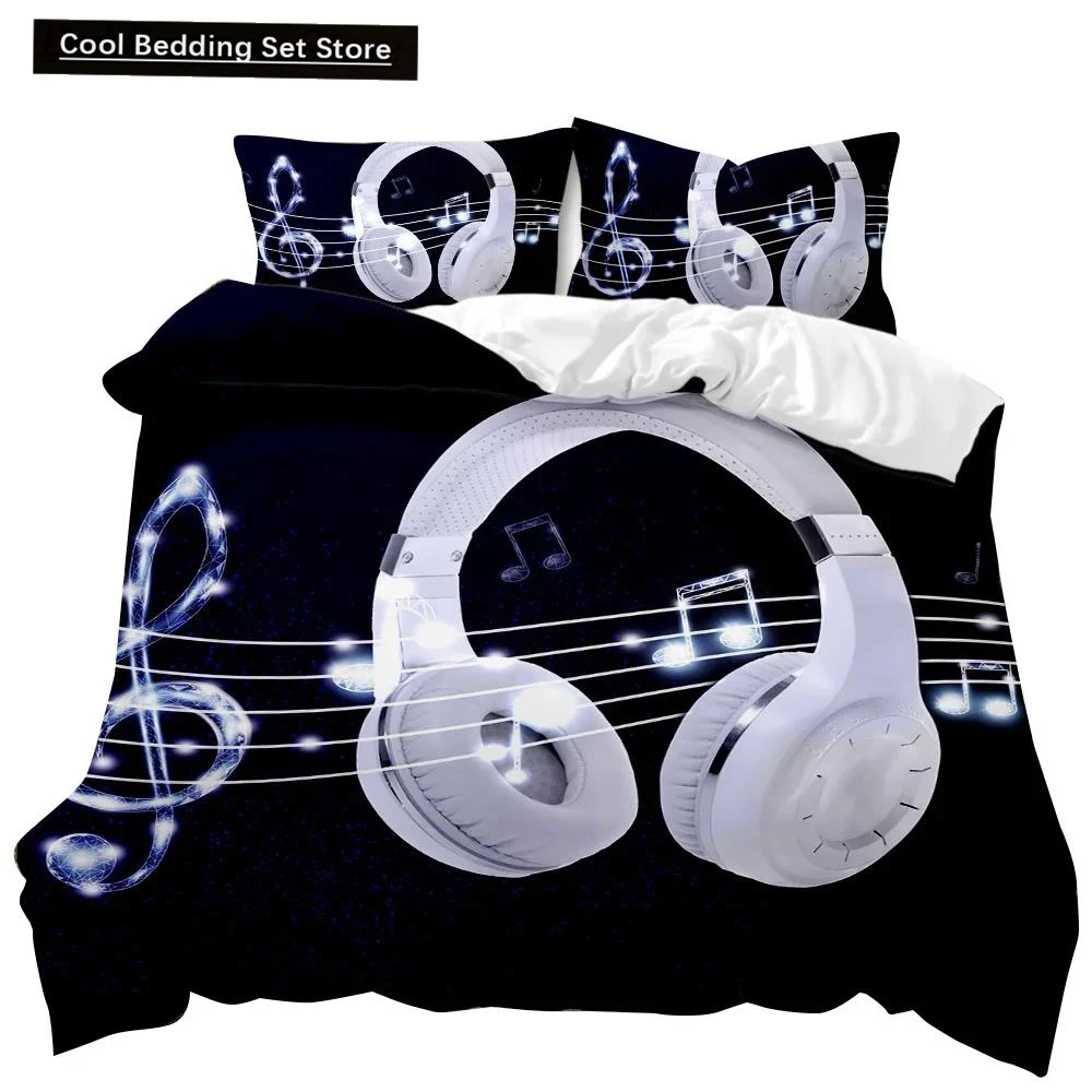 

Headphones Duvet Cover Rock Music Melody Note Bedding Set Cool White Headset Boys Double Queen King Size Polyester Qulit Cover