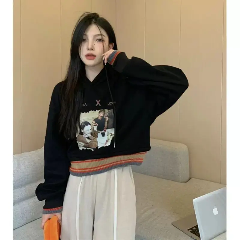 Short Style Red Hooded Fashion Print Casual Female Hoodies American Winter Loose Street Women Hoodies