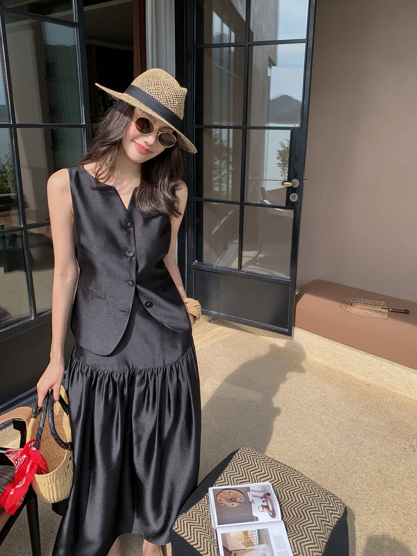 

Longxi Er Роскошная черная юбка-шаровамер для похудения, жилет с V-образным вырезом и юбкой, женский модный летний хлопковый комплект из двух предметов