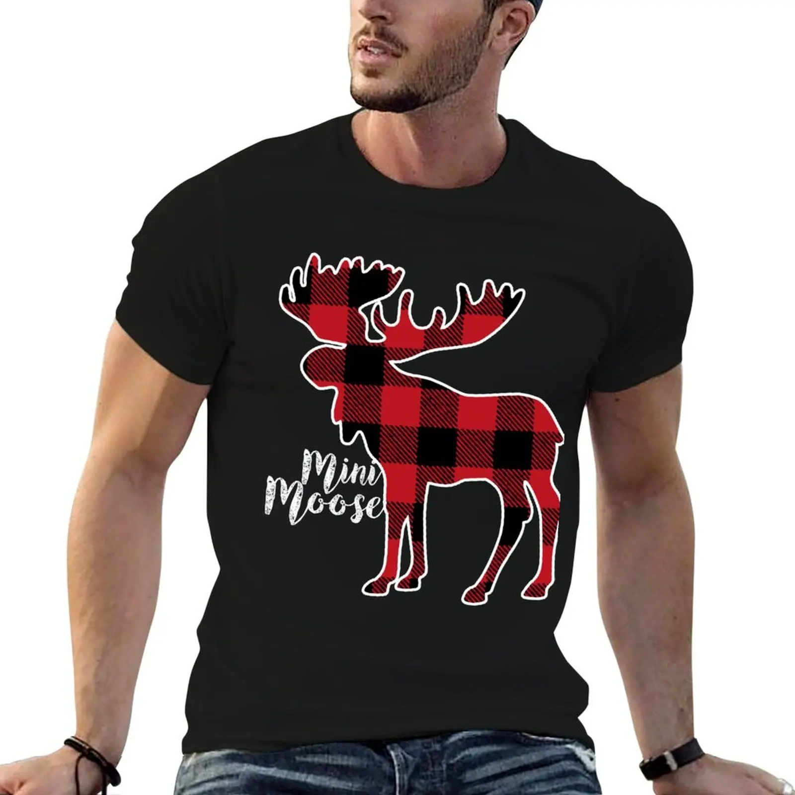 

Red Plaid Moose T-Shirt man t shirt cotton g man t shirts for men T-Shirt
