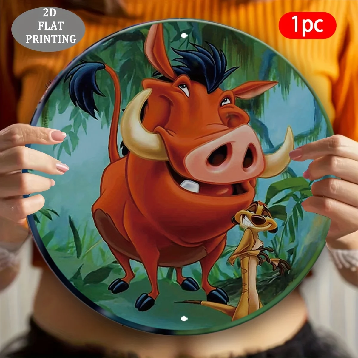 مسطح ثنائي الأبعاد، قطعة واحدة من لوحة فنية جدارية مستديرة من الألومنيوم Lion King Simba & Nala - لوحة زخرفية مسطحة ثنائية الأبعاد مع مشهد الغابة النابضة بالحياة، مثالية f