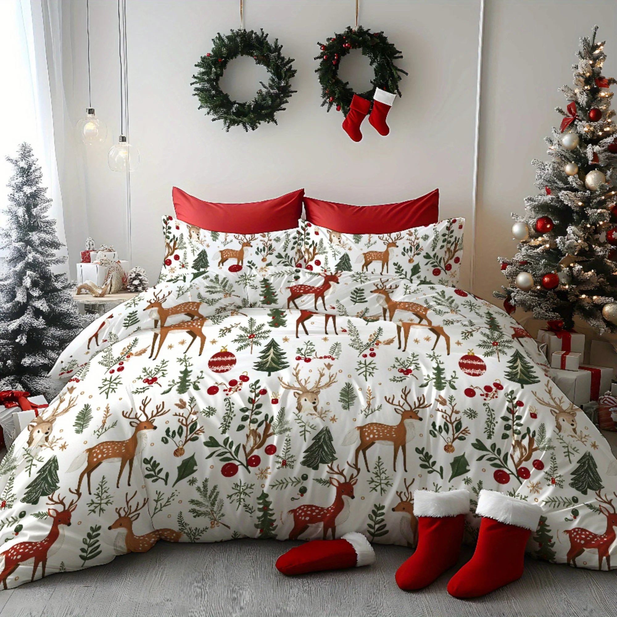 Christmas Tree Deer Print Duvet Cover Set Soft Digital Print Bedding Multiple Festive Bedroom Decor Machine Washable