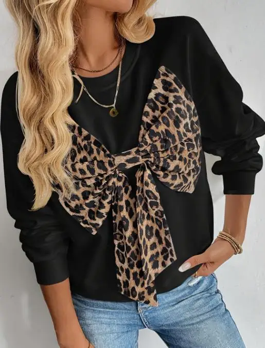 

Women's Top Spring Fashion Trendy Personalized Style Leopard Print Bow Stickers Design Simple Slimming Long Sleeve Top