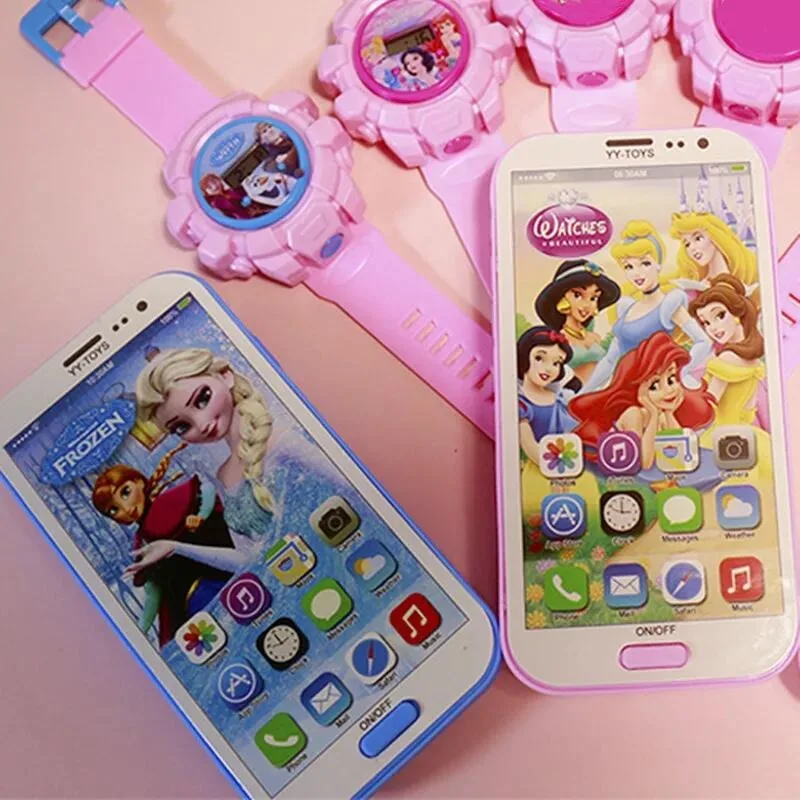 Disney dibujos animados Mickey Frozen Kawaii teléfono móvil modelo dibujos animados Elsa reloj de proyección electrónica niños regalos de cumpleaños Juguetes