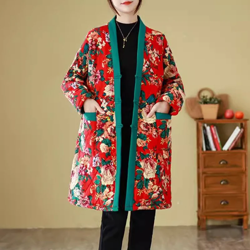 Oversized Chinese Style Women Floral Long Cardigan Coat 2024 New Autumn Winter Plus Velvet Jackets Vintage Thick Warm Parkas