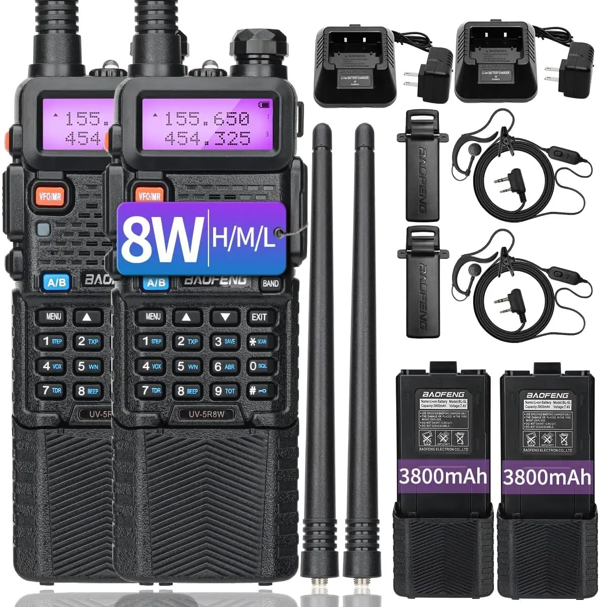 BAOFENG UV-5R 8W 3800mAh Tri Power VHF UHF Dual Band Portable Two Way Ham Radio Long Range Rechargeable Handheld Radio CB Radio