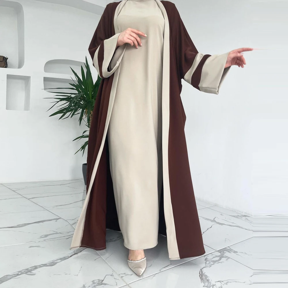 Two Pieces Muslim Sets Modest Islamic Clothing Ramadan Brown Open Kimono Abaya Eid Outfit Women Double Suit Ladies Kaftan Dress