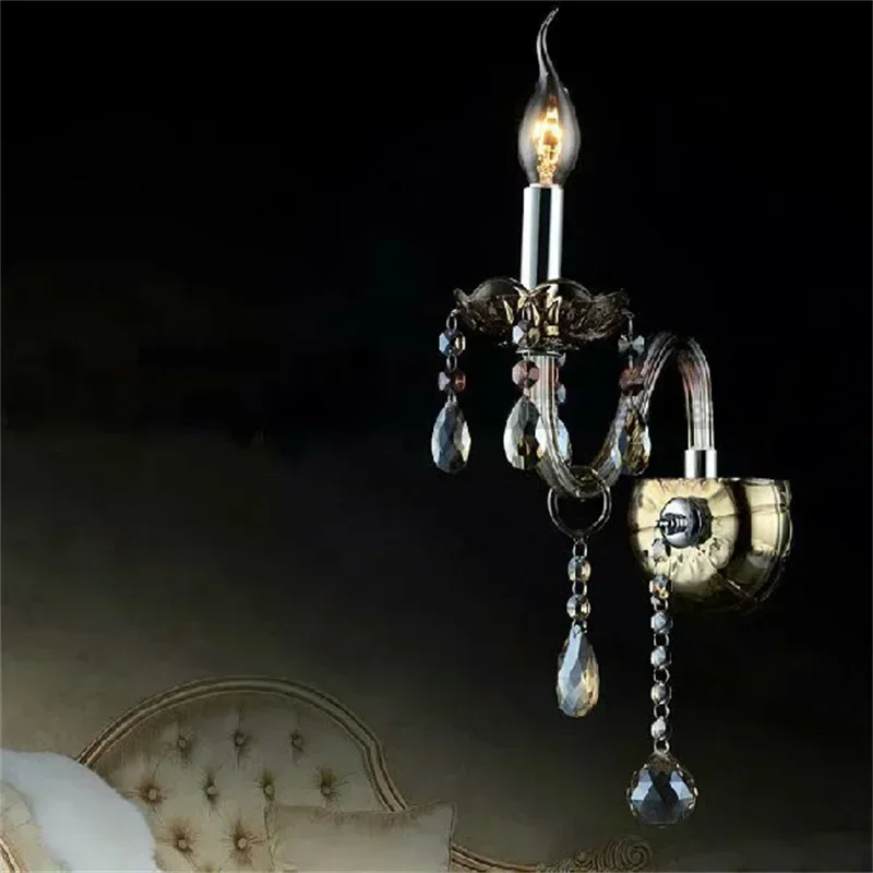 European Style Retro Simple Bedside Ktv Aisle Bedroom Black Double Head Candle Crystal Wall Lamp