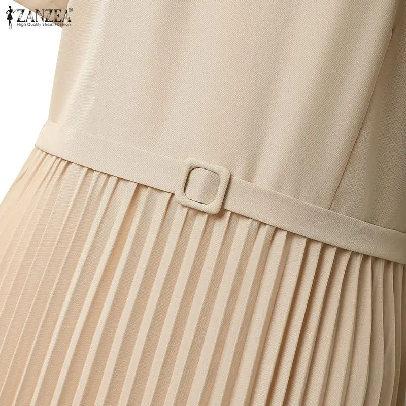 ZANZEA Damen-Kleid, elegant, schick, plissiert, Midikleid, Sommerkleid, stilvoll, O-Ausschnitt, kurzärmelig, A-Linie, OL-Arbeitskleider, einfarbig, Vestidos – Detail 14