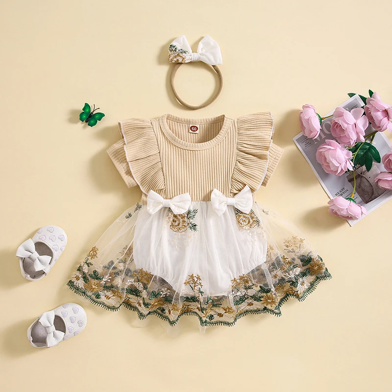 Newborn Baby Girl Romper Dress Ruffle Short Sleeve Floral Embroidery Mesh Tutu Princess Dress Summer Clothes