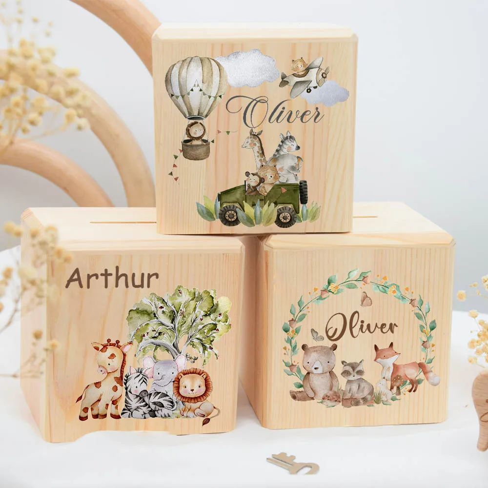 Personalized Money Box Animal with Name Kids Money Boxes Coin Collection Box Wooden Coin Bank Child Birthday Baptism Shower Gift